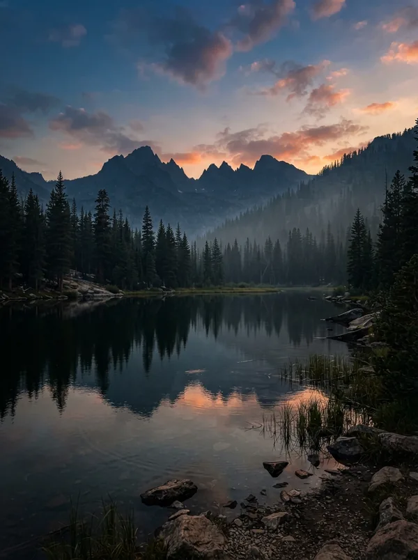 Mountains reflected in a lake at sunset